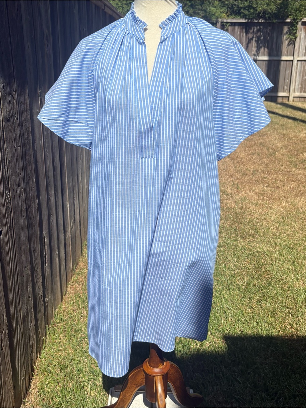 H&M Light Blue & White Striped Midi Dress Flutter Sleeve